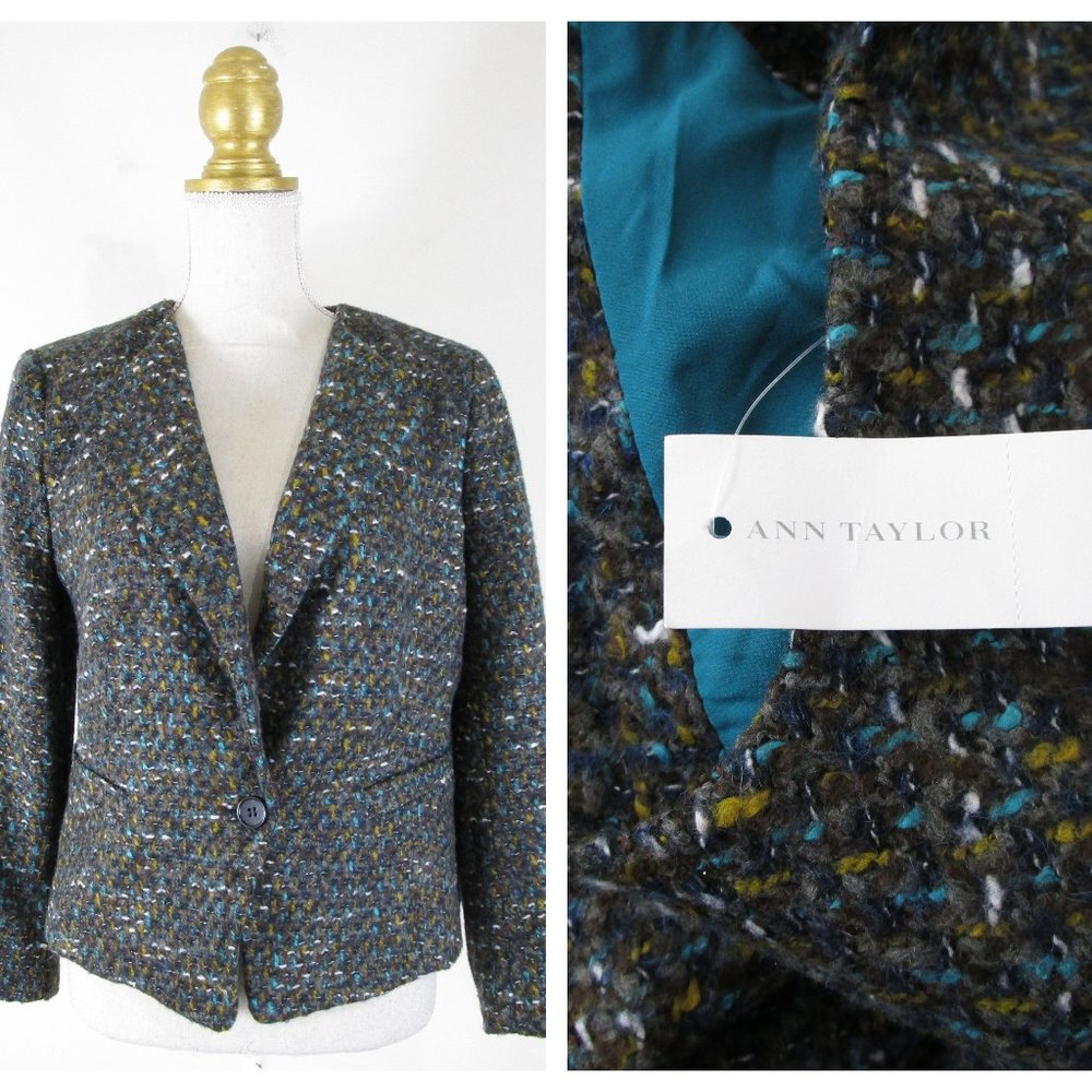 Ann Taylor Yellow Turquoise Brown Tweed Blazer